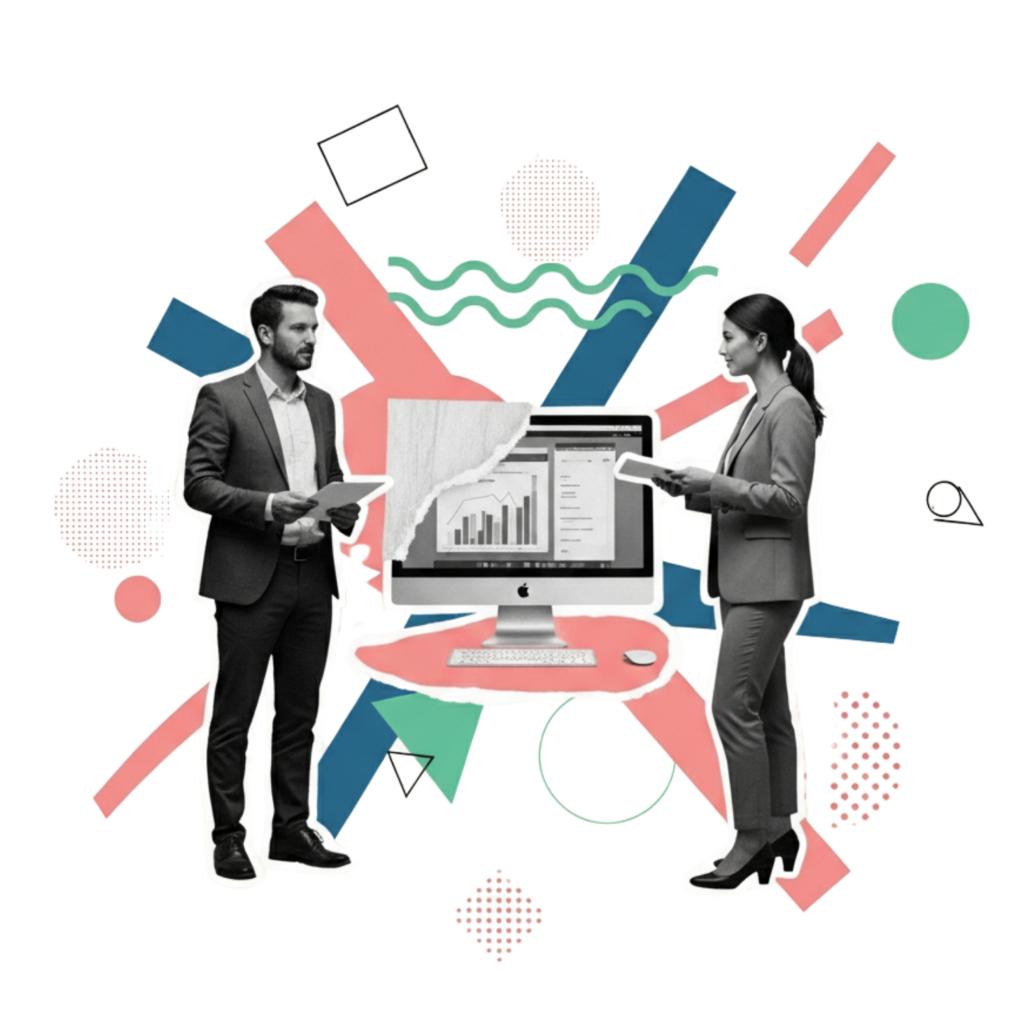 Neurodiversity workplace training for managers showing two professionals collaborating with analytics dashboard and abstract geometric design