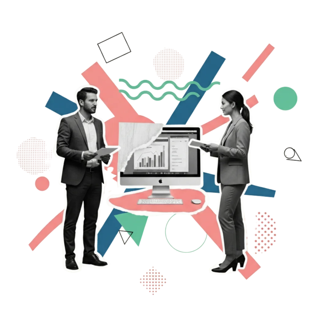 Neurodiversity workplace training for managers showing two professionals collaborating with analytics dashboard and abstract geometric design
